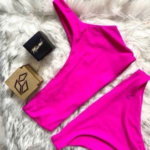 Florescent hot pink two piece swim suit